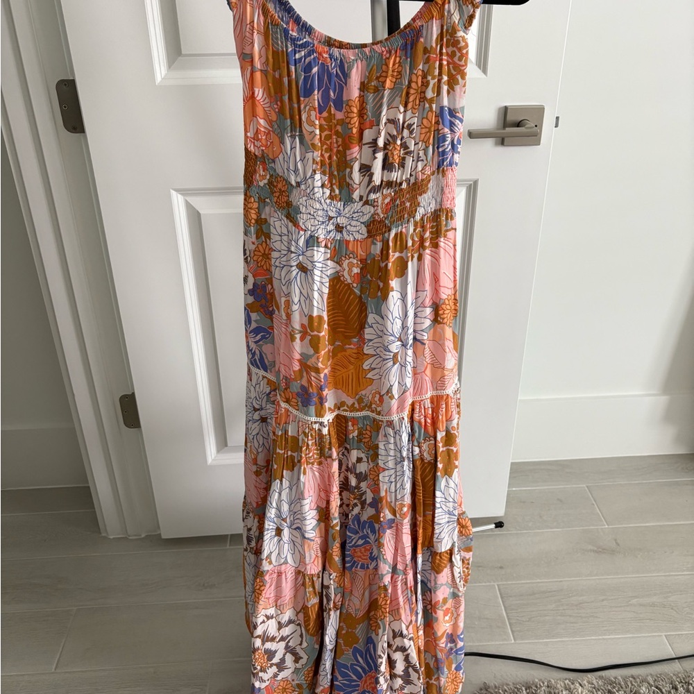 Pink & Orange Floral Maxi Dress with Scoop Neck